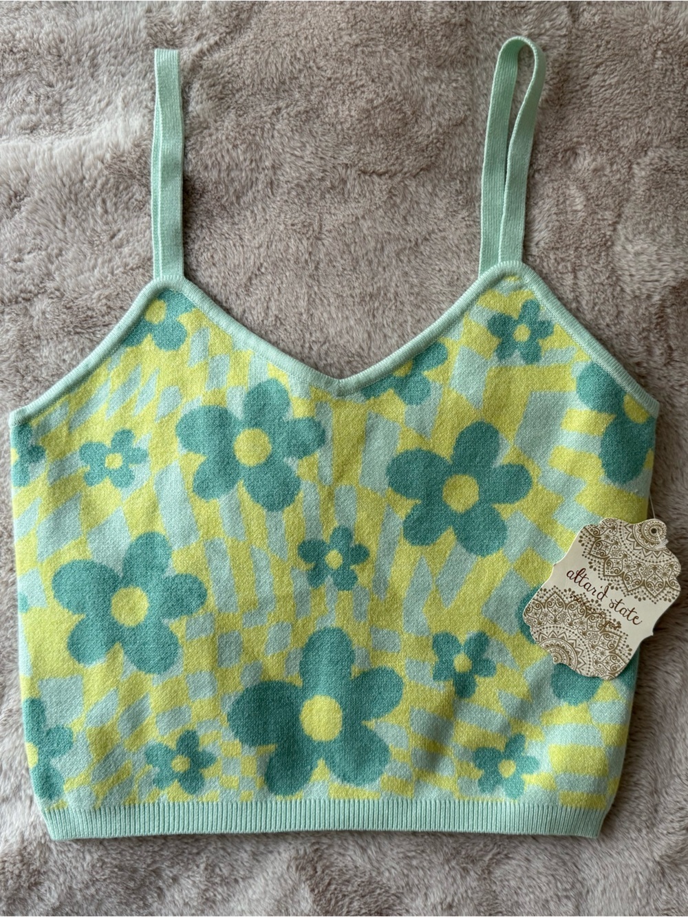 NWT Altar’d State Daisy Print Crop Tank Top Lime Size M